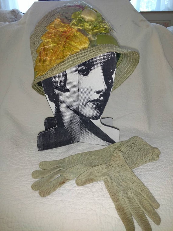 Vintage Bucket Hat With Millinery Flowers and Glov
