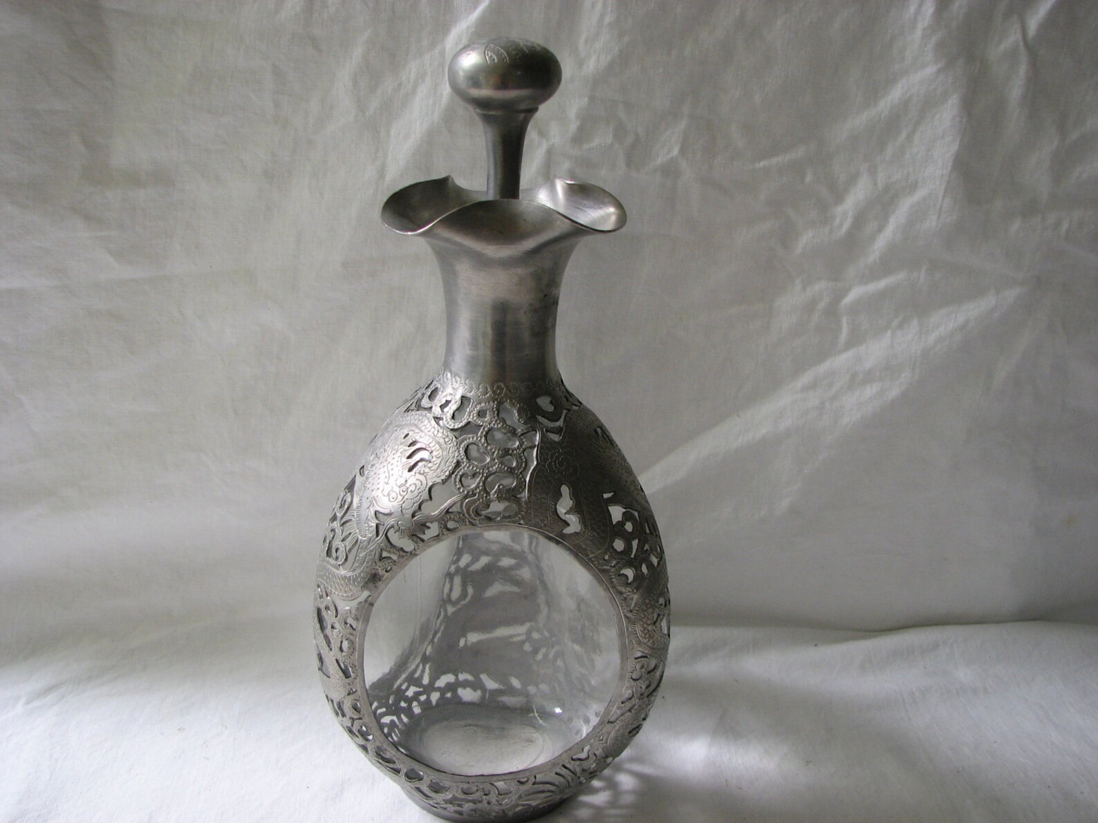British Hong Kong Decanter With Chinese Dragon Pewter Overlay Etsy