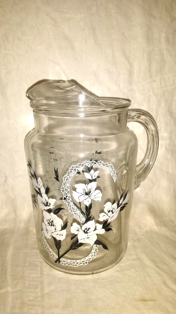 Vintage 1950's Glass Pitcher White Flowers Etsy