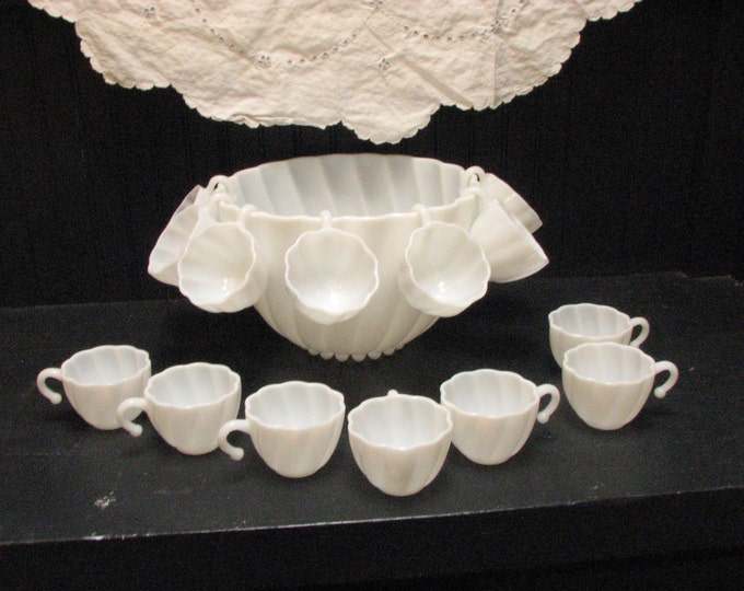 Vintage Milk Glass Punch Bowl Set Hazel Atlas Capri Swirl Pattern 18