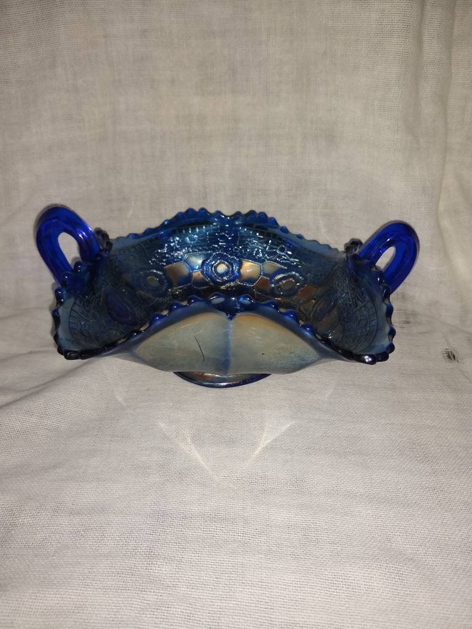 Vintage Iridescent Blue Carnival Glass Candy Dish With Handles Etsy