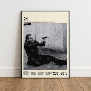 May include: Monochrome poster showing a man aiming a handgun, with the number "24" at the top. The poster includes the years "2001-2010" and a list of names. The background is a concrete wall.