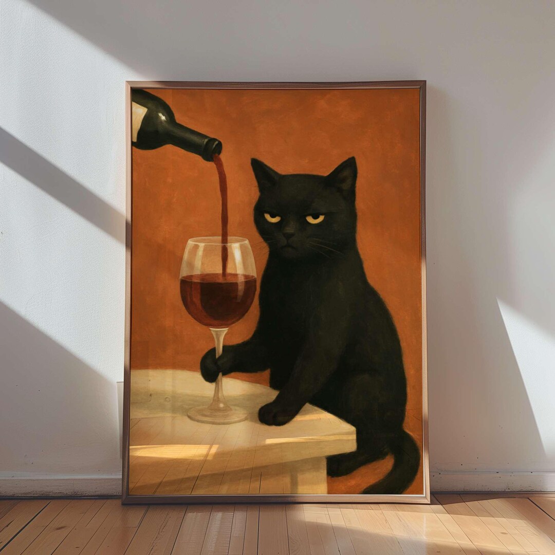 Black Cat and Wine Poster – Moody Funny Wall Art Print - Etsy