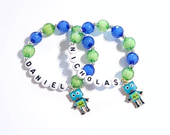 Personalized name bracelet, boys gift, robot birthday party favors, everday beaded name bracelet, Christmas gift, word bracelet for kids