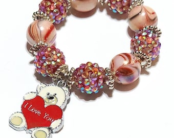 Kids valentines bracelet, I love you bear kids valentines, gift idea for girl, toddler accessories, beaded bracelet birthday gift, valentine
