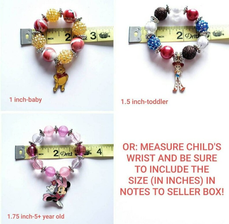 May include: Three colorful beaded bracelets with charms, measured with a tape measure. The bracelets are 1 inch, 1.5 inches, and 1.75 inches in diameter. The charms are Winnie the Pooh, Woody from Toy Story, and Minnie Mouse.