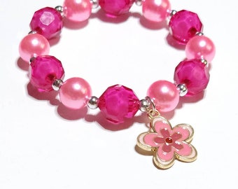 Flower bracelet, pink bubblegum flower kids birthday gift, gift idea for girls, toddler accessories, flower chunky bead bracelet, sparkly