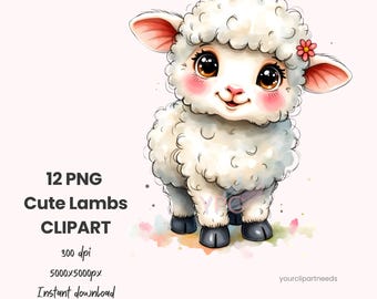 Watercolor Lamb Clipart Set | 12 Baby Sheep PNGs (Instant Download)