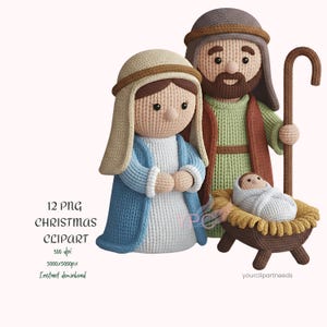 May include: A knitted Christmas clipart image featuring the Holy Family: Mary, Joseph, and baby Jesus. Mary wears a blue robe and head covering. Joseph holds a staff. Baby Jesus rests in a manger. The image includes the text "12 PNG CHRISTMAS CLIPART".
