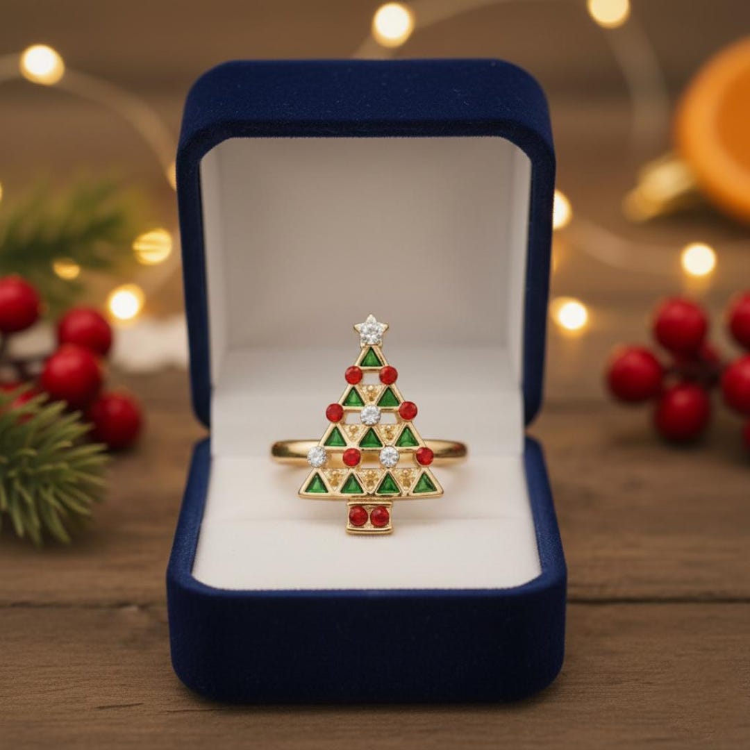 14k Gold Christmas Tree Ring – Adjustable Holiday Jewelry | Green & Red ...