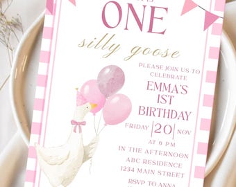 One Silly Goose Birthday Invitation Printable Pink Gingham Girl 1st Birthday Invite Editable Canva Template