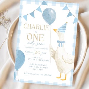 One Silly Goose Birthday Invitation Blue Gingham Boy 1st Birthday Invite Editable Template Digital Download Canva Invitation