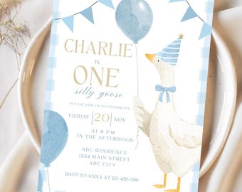 One Silly Goose Birthday Invitation Blue Gingham Boy 1st Birthday Invite Editable Template Digital Download Canva Invitation