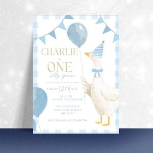 One Silly Goose Birthday Invitation Blue Gingham Boy 1st Birthday Invite Editable Template Digital Download Canva Invitation image 2