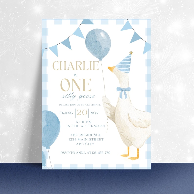 One Silly Goose Birthday Invitation Blue Gingham Boy 1st Birthday Invite Editable Template Digital Download Canva Invitation image 2