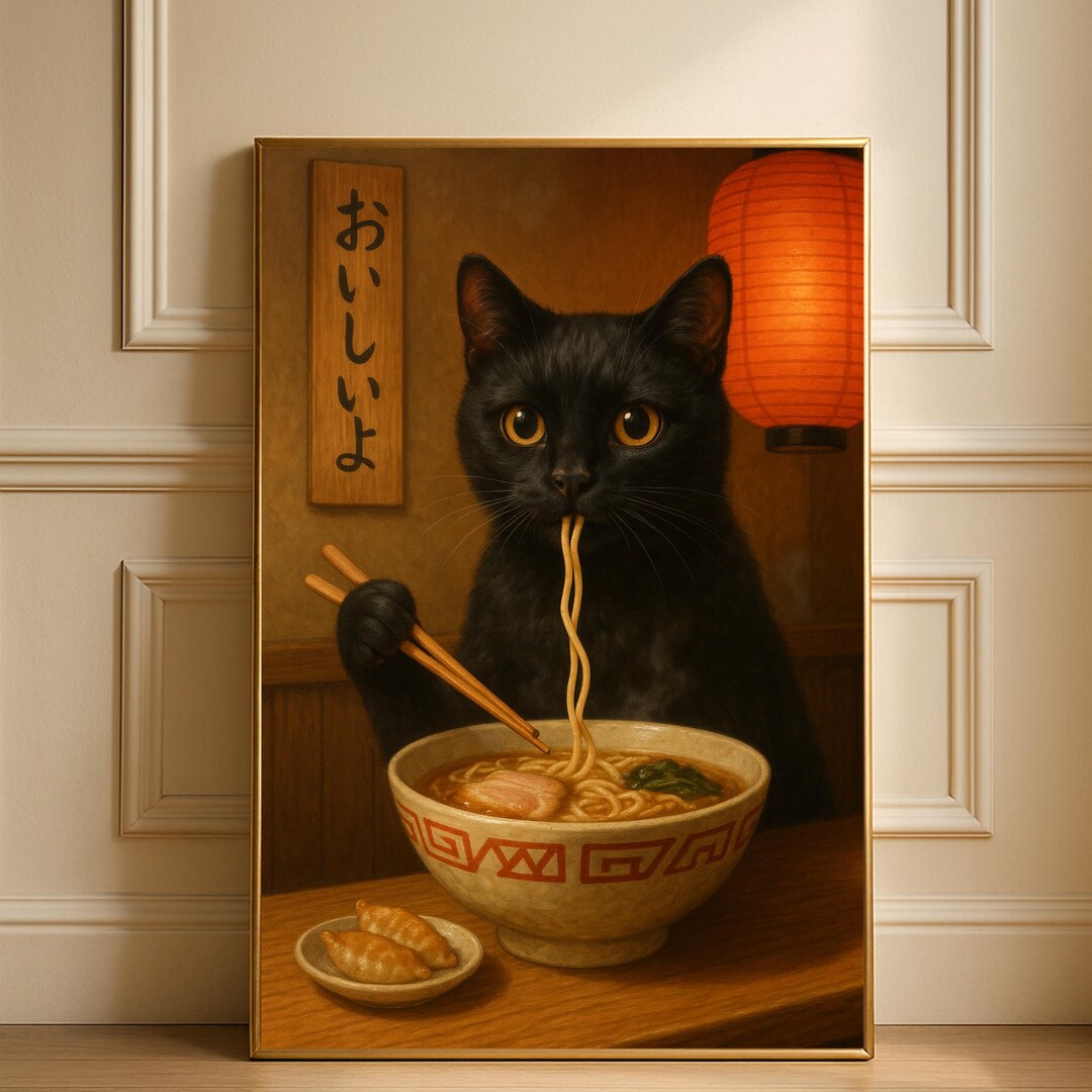 Noodle Cat Ramen Print Vintage Japanese Kitchen Wall Art Funny Black ...