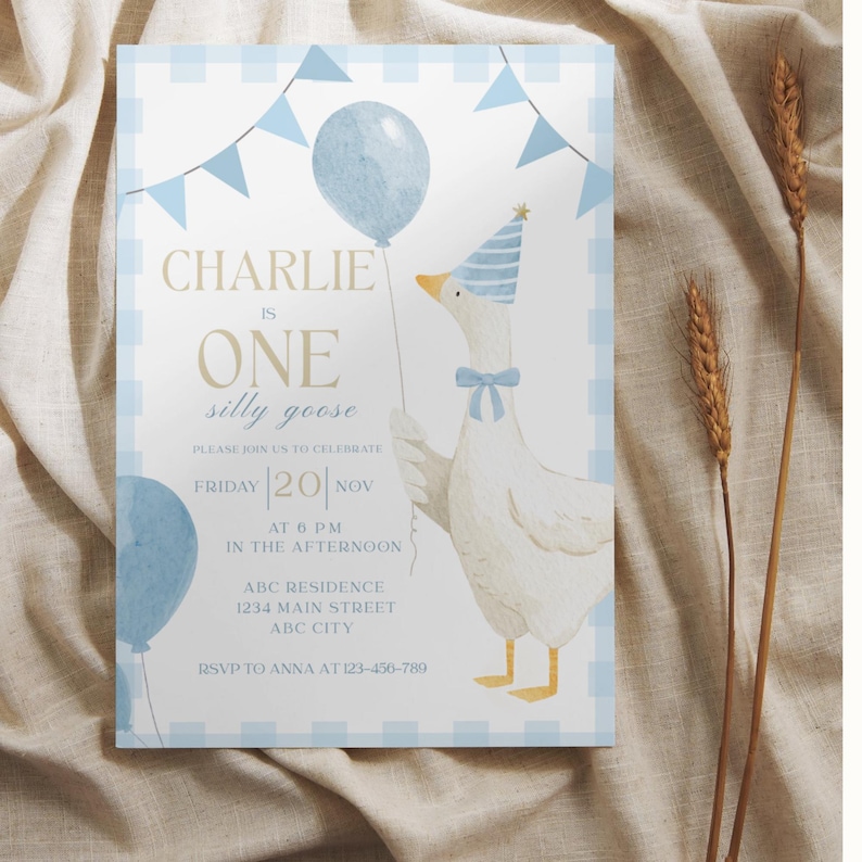 One Silly Goose Birthday Invitation Blue Gingham Boy 1st Birthday Invite Editable Template Digital Download Canva Invitation image 11