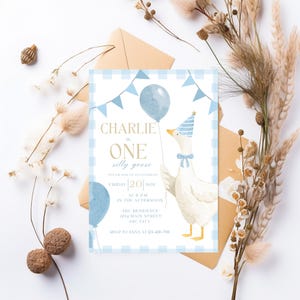 One Silly Goose Birthday Invitation Blue Gingham Boy 1st Birthday Invite Editable Template Digital Download Canva Invitation image 6