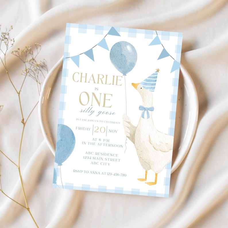 One Silly Goose Birthday Invitation Blue Gingham Boy 1st Birthday Invite Editable Template Digital Download Canva Invitation image 1