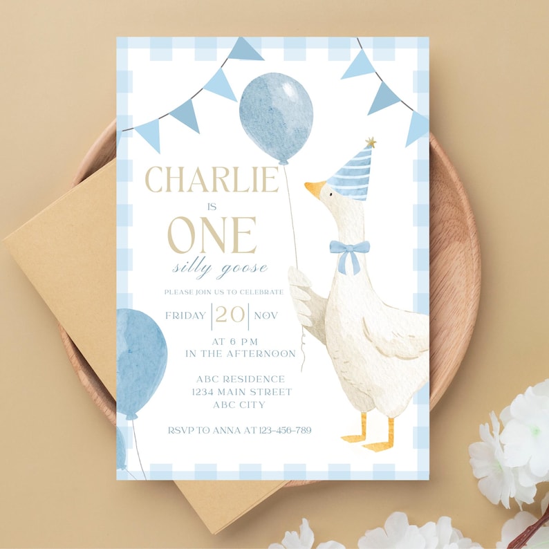 One Silly Goose Birthday Invitation Blue Gingham Boy 1st Birthday Invite Editable Template Digital Download Canva Invitation image 5