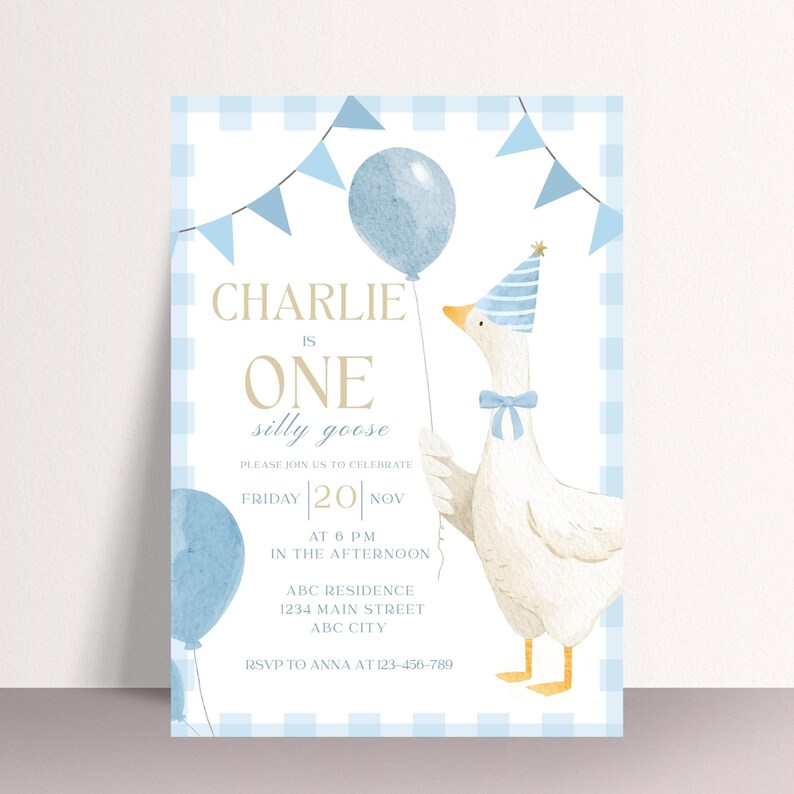 One Silly Goose Birthday Invitation Blue Gingham Boy 1st Birthday Invite Editable Template Digital Download Canva Invitation image 9