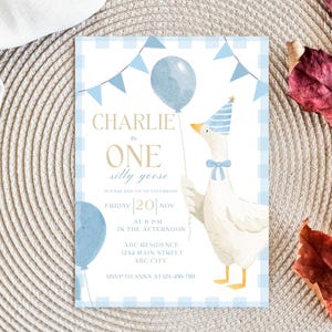 One Silly Goose Birthday Invitation Blue Gingham Boy 1st Birthday Invite Editable Template Digital Download Canva Invitation image 8