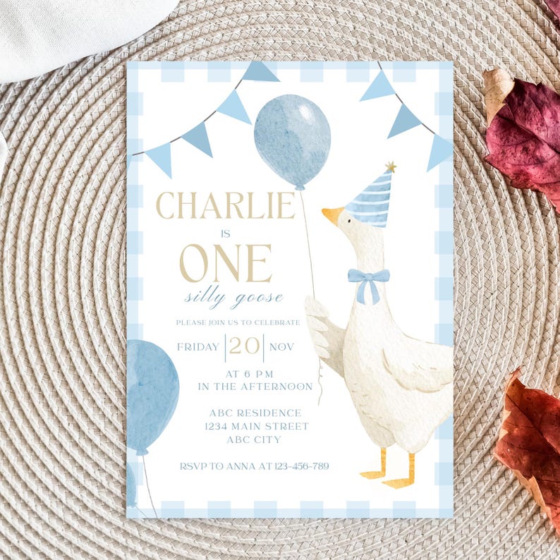 One Silly Goose Birthday Invitation Blue Gingham Boy 1st Birthday Invite Editable Template Digital Download Canva Invitation image 8