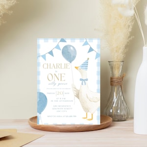 One Silly Goose Birthday Invitation Blue Gingham Boy 1st Birthday Invite Editable Template Digital Download Canva Invitation image 7