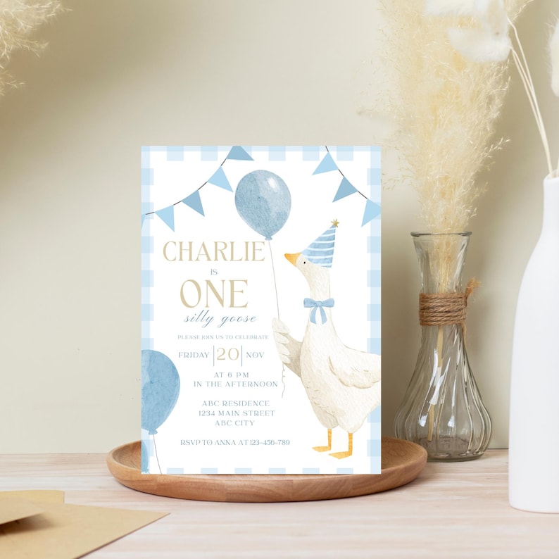 One Silly Goose Birthday Invitation Blue Gingham Boy 1st Birthday Invite Editable Template Digital Download Canva Invitation image 7