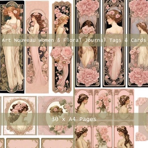 Art Nouveau Beautiful Women and Floral Journal Tags, Cards & Ephemera ~ Large Collection ~ 30 Pages
