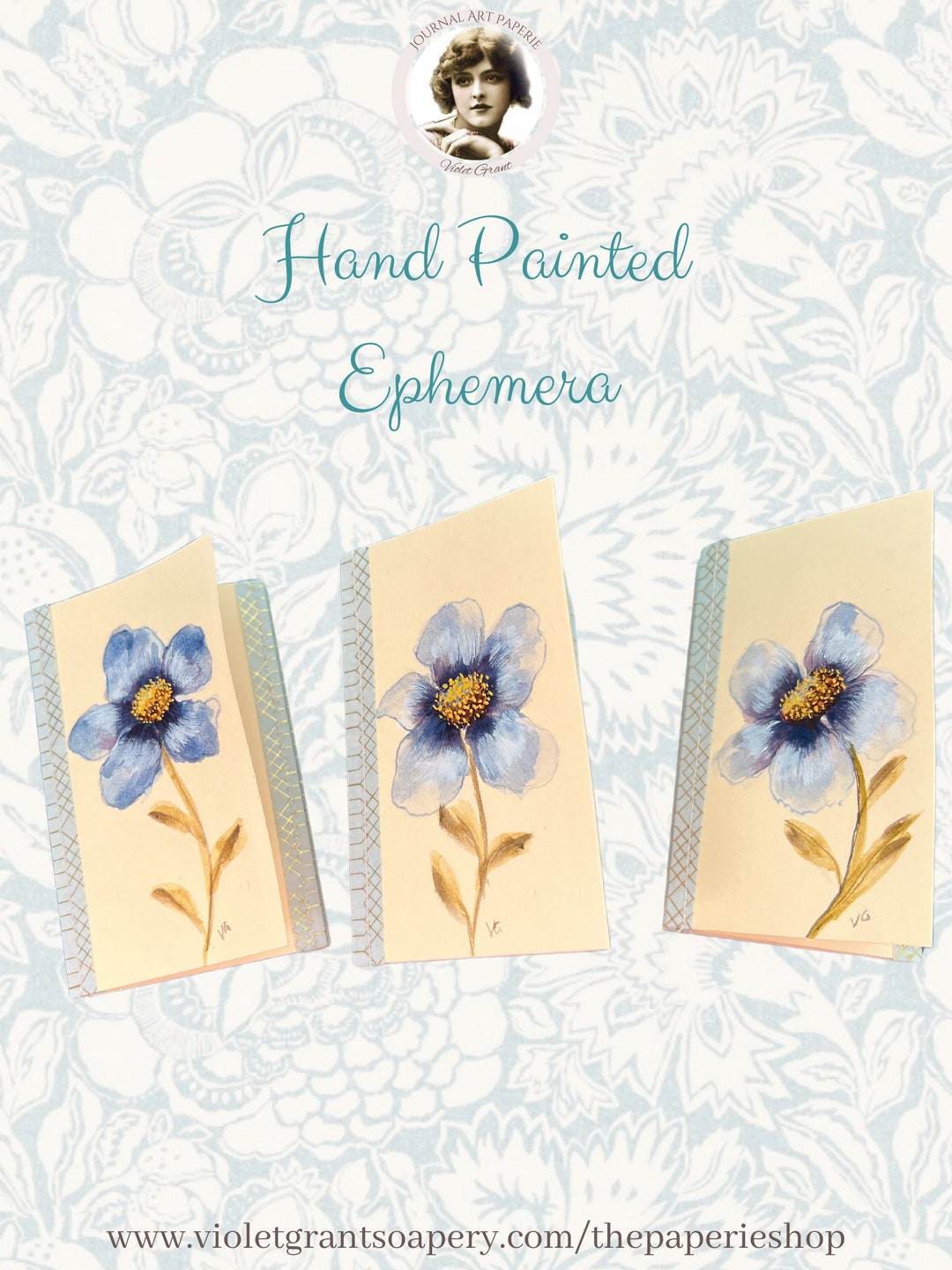Hand Painted Blue Flower Ephemera ~ Concertina Notelet - Etsy Australia