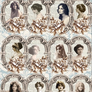 May include: Twelve vintage images of women in ornate frames with floral accents. The images are set against a background of handwritten text and a light blue floral pattern. The text in the images reads "A Precaution to My Heart, My Heart never shall stray".