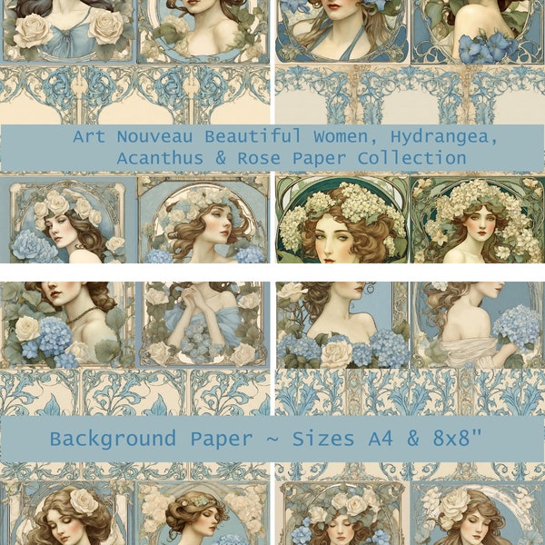 Art Nouveau Hermosa mujer con hortensias, lirios, rosas y acantos Imágenes y fondo del diario 134 páginas y ~ ¡Impresionante!