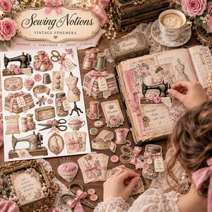 May include: A collection of vintage-style sewing themed paper ephemera featuring illustrations of sewing machines, spools of thread, measuring tapes, scissors, buttons, and dress forms, arranged on a surface with a scrapbook and coffee cup.