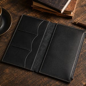 Puede incluir: Una cartera larga de piel sintética negra con un compartimento con cremallera en el lado derecho y tres ranuras verticales para tarjetas con bordes curvos en el lado izquierdo. La cartera presenta costuras blancas visibles en los bordes.