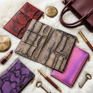 Puede incluir: Una colección de carteras y estuches rectangulares con varios patrones de piel de serpiente en rojo, beige y morado, junto a una cartera rosa iridiscente, un bolso burdeos, dos llaves de latón, dos polveras redondas y dos bolígrafos.