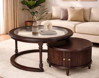 Nesting Coffee Table Set of 2, Solid Wood Round Nesting Coffee Table Fluted with Storage, Brown Modern Coffee Table Set for Living Room