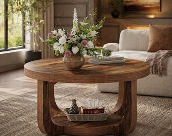 Round Coffee Table, 2-Tier Circle Coffee Table with Storage, Modern Wooden Accent Center Table for Living Room, Thick Tabletop & Base