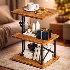 Swivel Height Adjustable Side Table, C Shaped End Table for Small Spaces Sofa/Bed, with Storage Shelf, 3-Tier Night Stand for Living Room