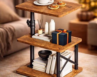 Swivel Height Adjustable Side Table, C Shaped End Table for Small Spaces Sofa/Bed, with Storage Shelf, 3-Tier Night Stand for Living Room