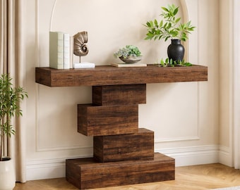 Farmhouse Console Table, Narrow Wood Sofa Table Behind Couch with Geometric Base, Industrial Entryway Accent Table for Living Room