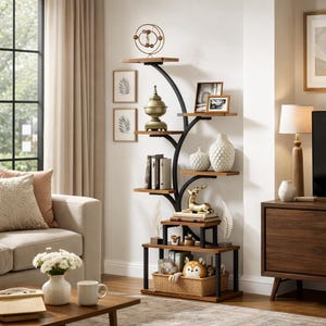 May include: A tall, black and brown shelving unit with multiple wooden shelves in a living room setting. The shelves display decorative items like vases, books, and a golden deer figurine. The unit has a unique, curved design and is placed against a white wall.