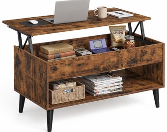 Lift Top Coffee Table, Lift Tabletop Dining Table, Gas Spring, Hidden Compartment, Open Storage Shelf, for Living Room, Home Office