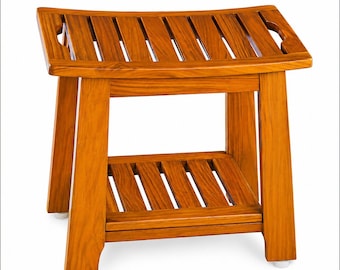 Standard Teak Shower Bench with Shelf & Handle - Waterproof, Non-Slip Bath Stool, 300 lbs Capacity - Fits Standard Tubs/Showers