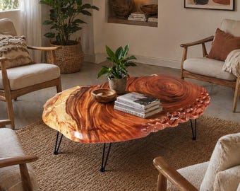 Live Edge Coffee Table - Handcrafted Solid Wood Side Table with Sturdy Metal Hairpin Legs - Unique Organic Shape End Table for Living Room