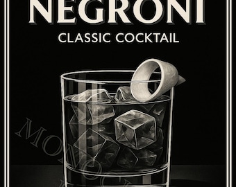 Negroni Cocktail Art Print | Vintage Bar Decor | Digital Download | Classic Cocktail Recipe Poster | Home Bar Wall Art - Cards and Gifts
