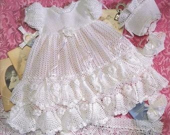 Crochet Precious Heirloom Christening Set Gown Outfit - Baby dress blanket and booties pdf e pattern by Delsie Rhoades download through Etsy