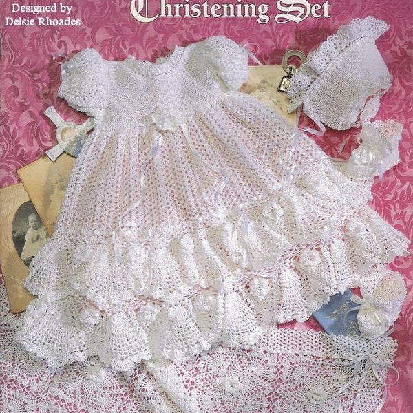 Crochet Precious Heirloom Christening Set Gown Outfit - Baby dress blanket and booties pdf e pattern by Delsie Rhoades download through Etsy