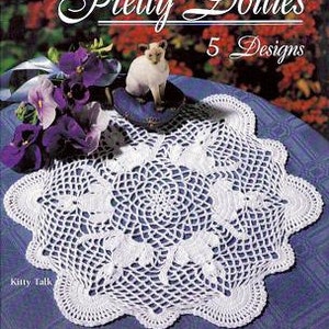 Crochet 5 Pretty Doilies Patterns pdf This set  Includes the Popular Kitty Talk Doily Pattern by Delsie Rhoades, download through Etsy