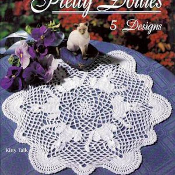 Crochet 5 Pretty Doilies Patterns pdf This set  Includes the Popular Kitty Talk Doily Pattern by Delsie Rhoades, download through Etsy